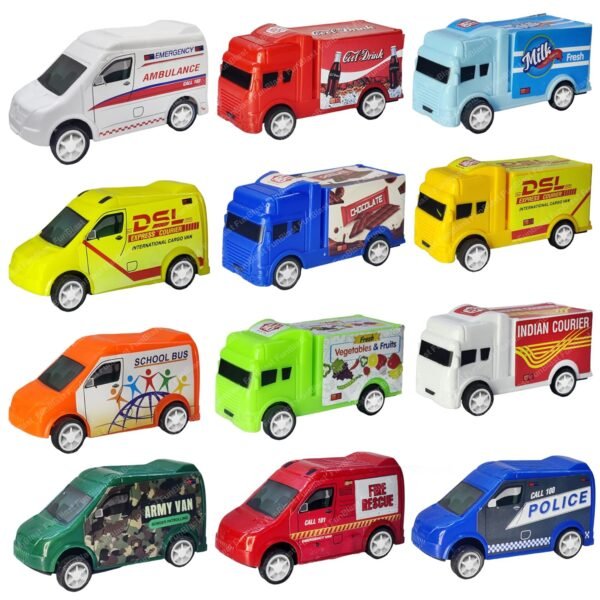 Funblast Pull Back Mini Truck And Van Toy Vehicles,Set Of 12 Pcs Friction Power Toy Trucks For 3+ Years Old Boys And Girls,Construction Truck Play Set,Smoother And Speedier Toy For Kids - Multicolor