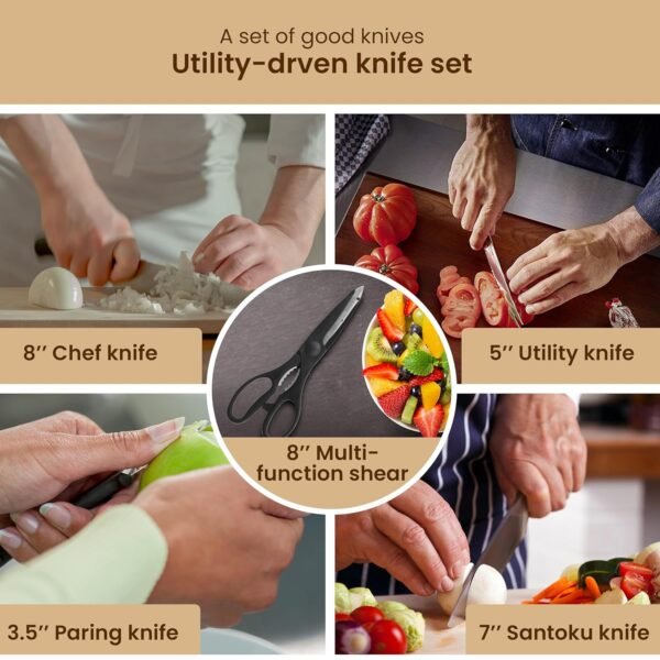 AGARO Galaxy 6 Pcs Kitchen Knives Set with Wooden Case, 4 Knives, 1 Scissor, 1 Wooden Case, High Carbon Stainless Steel, Non Slip Triple Rivet Strong Handle, Cooking, Cutting, Slicing, Silver