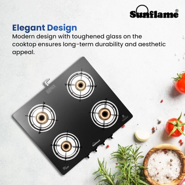 Sunflame Pride 4 Burner Gas Stove | 2 Medium and 2 Small Brass Burners | 2-Years Product Coverage by Sunflame | Ergonomic Knobs | Easy to Maintain l Toughened Glass Top | PAN India Presence| Black