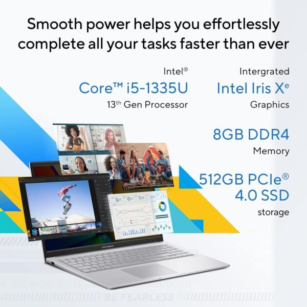 ASUS Vivobook 15 (2023), Intel Core i5-1335U 13th Gen, 15.6" (39.62 cms) FHD, Thin and Light Laptop (8GB RAM /512GB SSD/Intel Iris Xᵉ/Windows 11/Office 2021/Fingerprint/Silver/1.7 kg), X1504VA-NJ524WS