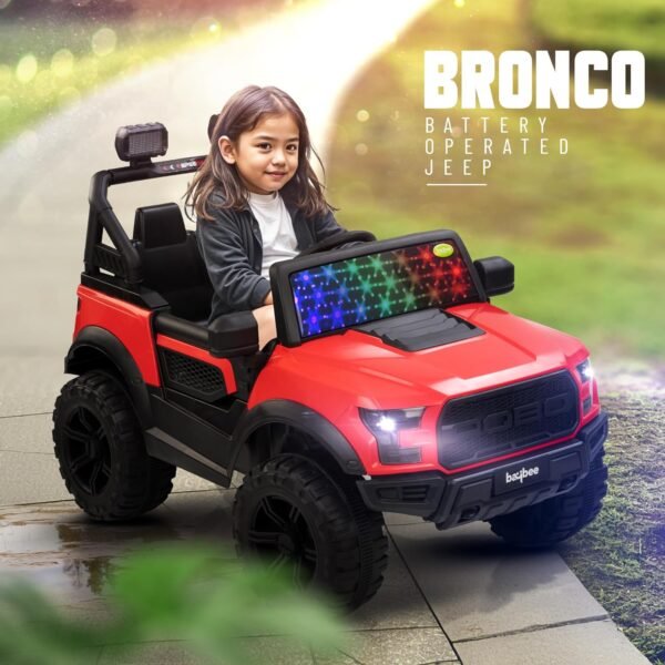 Baybee Bronco Battery Operated Jeep for Kids, Ride on Toy Kids Car with RGB Windshield Light & Music | Electric Jeep Battery Car | Baby Big Car for Kids to Drive 3 to 8 Years Boys Girls (Red)