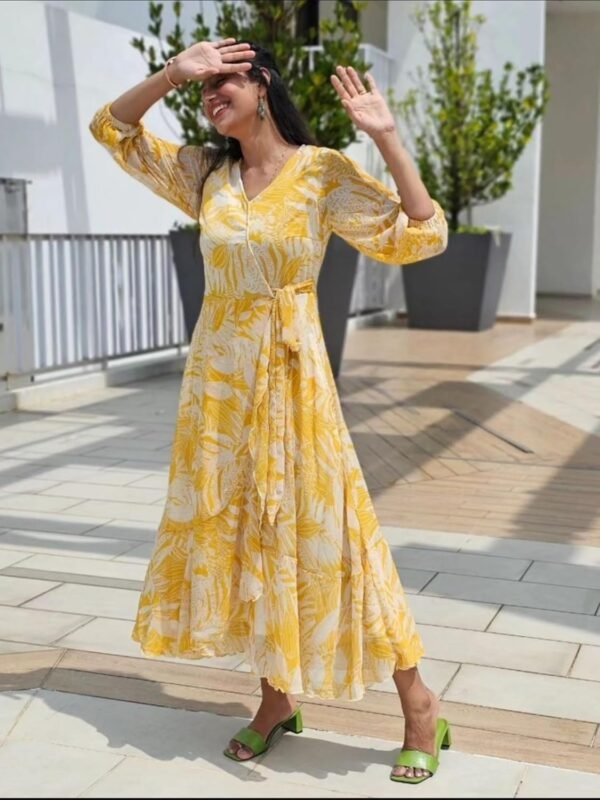 Miss Chase Women's Multicolored V-Neck Three-Quarter Sleeves Geometric Patterned Wrap Midi Chiffon Dress