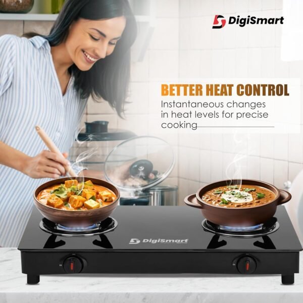 DIGISMART Gas Stove 2 Burners Toughened Glass Top | Spill Tray | Automation Ignition | Ergonomic Knobs | Tri-Pin Brass Burners Ignition Cooktop ISI Certified LPG Gas Stove come with 1 Year warranty