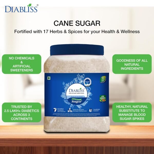 Diabliss Diabetic Friendly Herbal Cane Sugar - Free from Chemicals / Artificial Sweeteners - Low Glycemic Index (GI) Diet - Clinically Tested Healthy Natural Substitute For Diabetes / Blood Glucose Management - 1.75Kg Reusable Jar