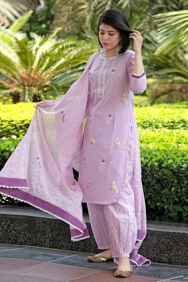 GoSriKi Women's Rayon Blend Hand Block Printed Straight Kurta with Pant & Dupatta