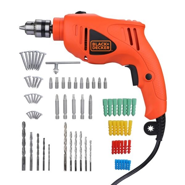 BLACK+DECKER HD400K50 550W 10mm Corded Non-Reversible Impact Drill Machine Kit for Home & DIY Use (50 Accessories Kitbox) for drilling Wood, Metal & Concrete, 1 Year Warranty, ORANGE & BLACK
