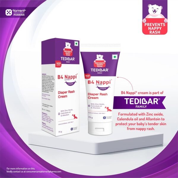 B4 Nappi Baby Diaper Rash Cream 75g (Pack of 1) from Tedibar Family | Protects baby's tender skin from nappy rash| Clinically Recommended - By Torrent Pharma