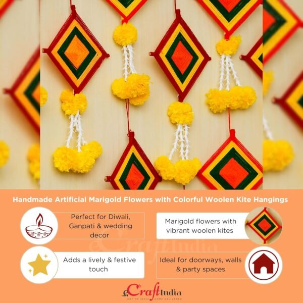 eCraftIndia Handmade Artificial Marigold Flowers with Colorful Woolen Kite Hangings (Pack of 4) - Artificial Flowers Hanging for Home Decor - Wedding, Ganpati, Navratri, Diwali Decoration Items