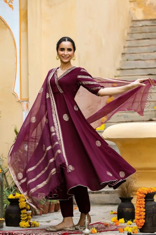GoSriKi Women's Cotton Blend Printed Anarkali Kurta with Pant & Dupatta