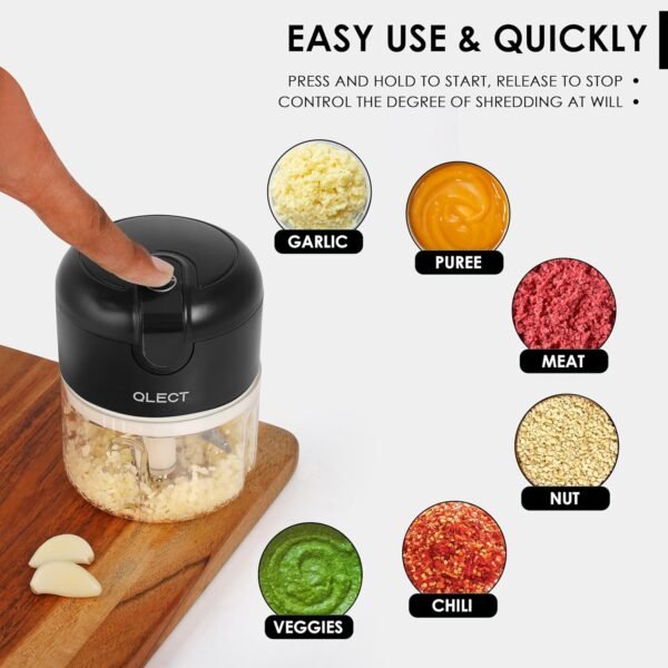 Qlect Electric Vegetable Chopper for Kitchen | Automatic Rechargeable Stainless Steel Blades Cutter | One Touch Operation for Micing Onion Garlic Vegetables Garlic Ginger Meat Dry Fruits (250ml Black)