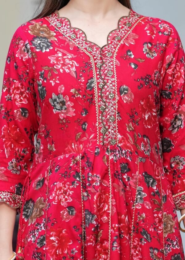 MANHAREE | Women's Rayon Anarkali Kurta with Pant & Dupatta Set,Rani