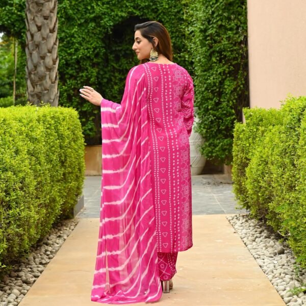 ANNI DESIGNER Women's Rayon Blend Straight Bandhej Printed Kurta with Pant & Dupatta