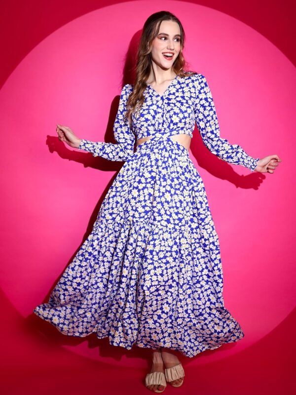 Sheetal Associates Women's Crepe Fit and Flare Printed Full Sleeve V-Neck Casual Dress