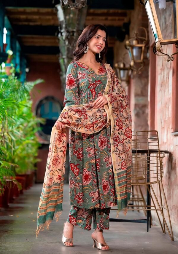 KLOSIA Women Floral Printed Anarkali Kurta and Pant Set with Dupatta | Kurta Set | Ethnic Set | Dupatta Set |