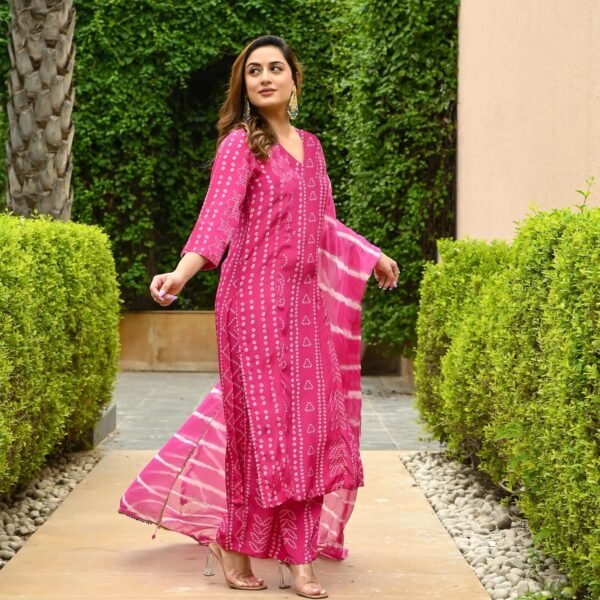 ANNI DESIGNER Women's Rayon Blend Straight Bandhej Printed Kurta with Pant & Dupatta