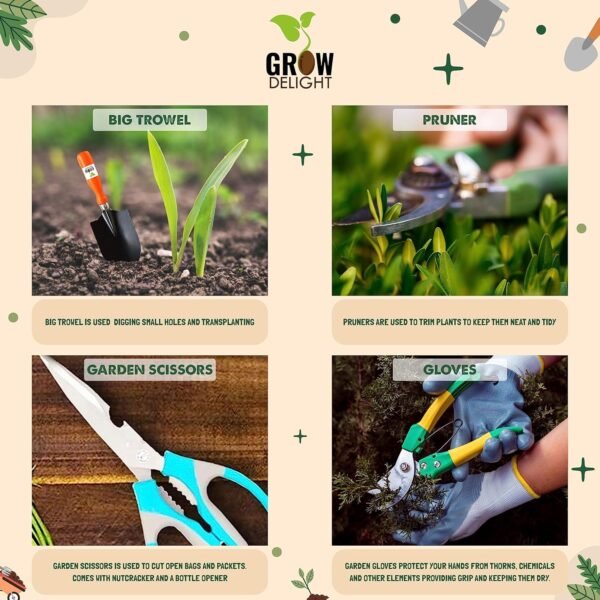 GROW DELIGHT Gardening Tools Kit-9 Pcs (Fork, Cultivator, Trowels, Garden Gloves, Weeder, Pruner Cutter, Garden Scissors, Free Flower Seeds Packet)|Durable Gardening Tools|Home Gardening Tool Set