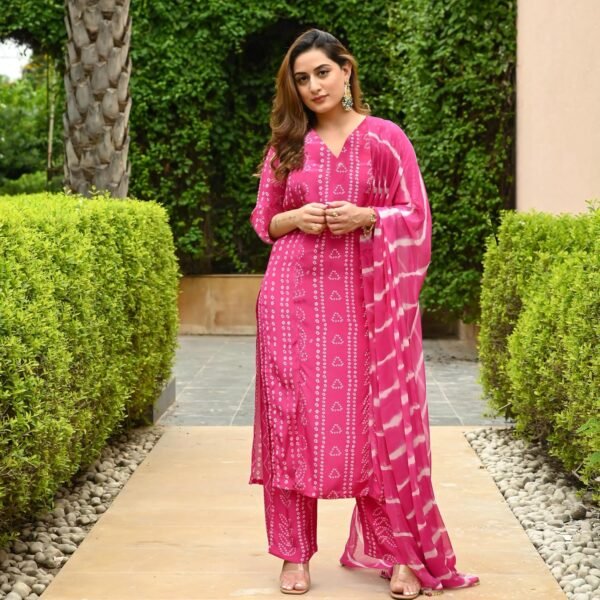 ANNI DESIGNER Women's Rayon Blend Straight Bandhej Printed Kurta with Pant & Dupatta
