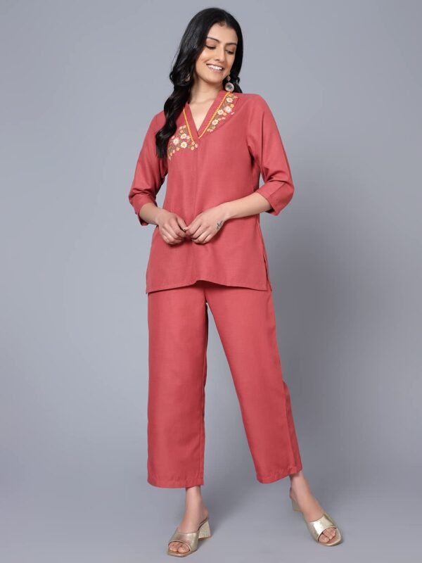 Bani Women Co-ord Set, Short Kurti and Trouser Set 2 Piece Outfit, 3/4 Sleeves Embroided Collar Neck, Coord Sets for Women Wear Dress, Stylish Design for all Occasions