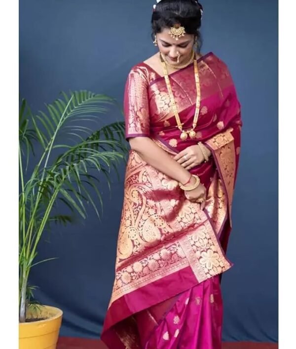 C J Enterprise Women's Banarasi Saree Pure Kanjivaram Silk Saree Soft Design Wear Pattu Sarees Latest Cotton With Blouse Piece Kanchipuram for Wedding new ladies 2023 sadi (Vruksh-1) (Pink)