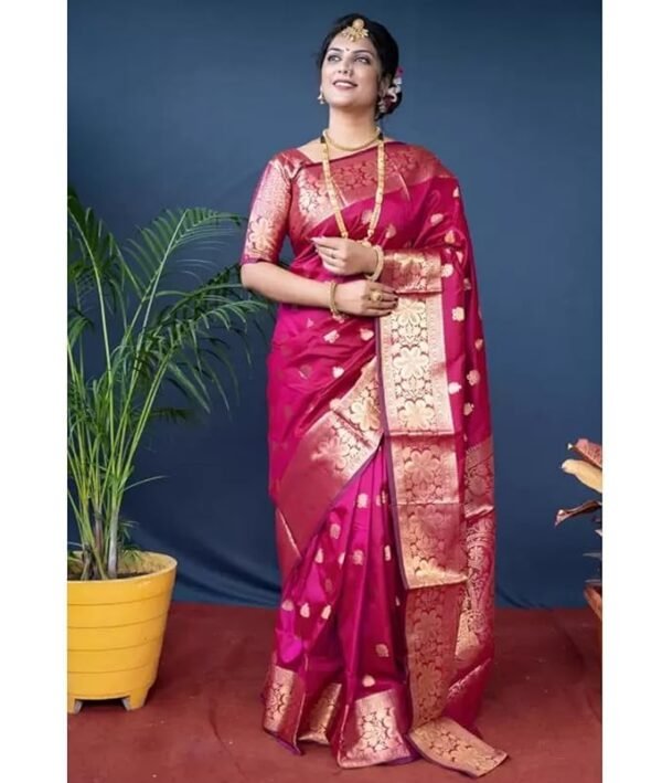 C J Enterprise Women's Banarasi Saree Pure Kanjivaram Silk Saree Soft Design Wear Pattu Sarees Latest Cotton With Blouse Piece Kanchipuram for Wedding new ladies 2023 sadi (Vruksh-1) (Pink)