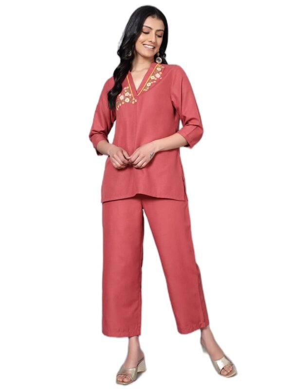 Bani Women Co-ord Set, Short Kurti and Trouser Set 2 Piece Outfit, 3/4 Sleeves Embroided Collar Neck, Coord Sets for Women Wear Dress, Stylish Design for all Occasions