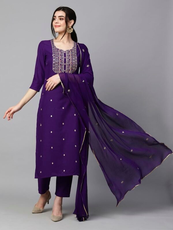 GoSriKi Women's Cotton Blend Embroidered Straight Kurta with Pant & Dupatta