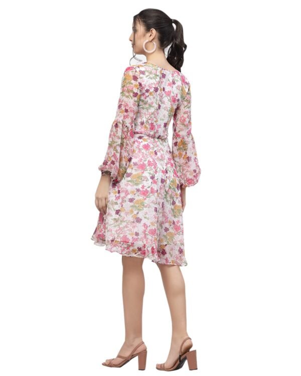 I ENTERPRISE Women's Georgette Pink V Neck Full Sleeve A-line Dress Dress for Women|One Piece Dress for Women|Dress for Women Stylish|Western Dress|Dress for Women|Printed Dress