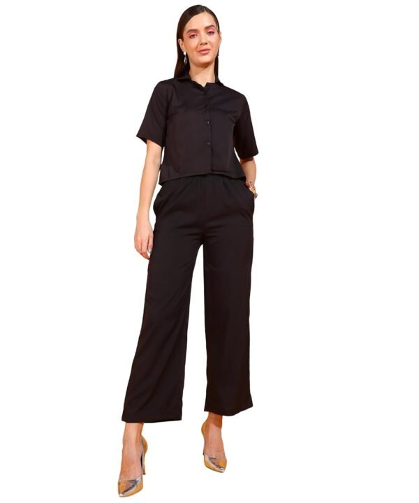 Fashfun Women's Co-ord Set (Solid Crepe Crop Shirt & Elasticated Waist Pant Two-Piece Set)