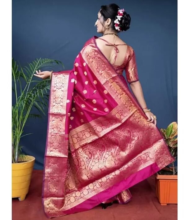 C J Enterprise Women's Banarasi Saree Pure Kanjivaram Silk Saree Soft Design Wear Pattu Sarees Latest Cotton With Blouse Piece Kanchipuram for Wedding new ladies 2023 sadi (Vruksh-1) (Pink)