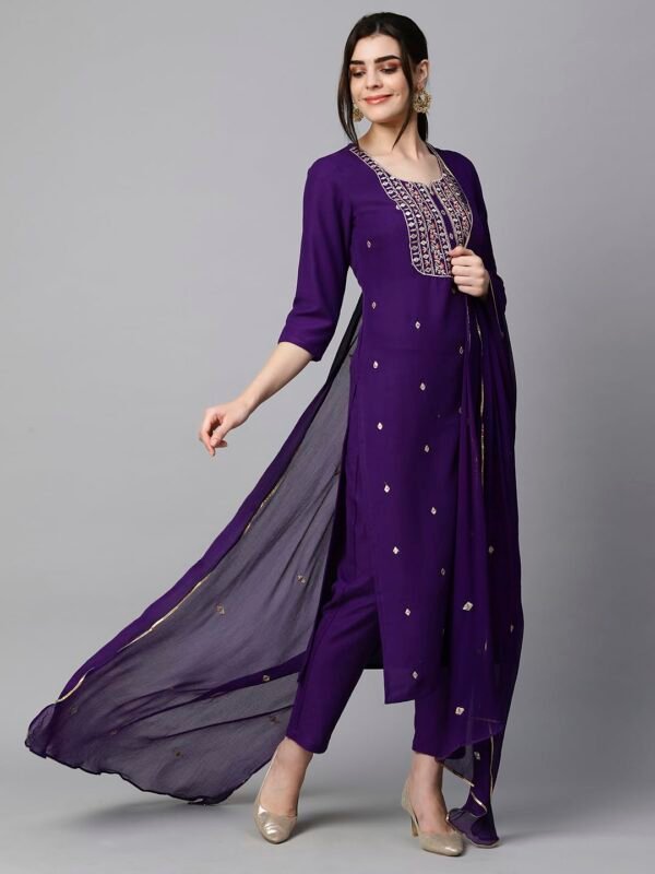 GoSriKi Women's Cotton Blend Embroidered Straight Kurta with Pant & Dupatta