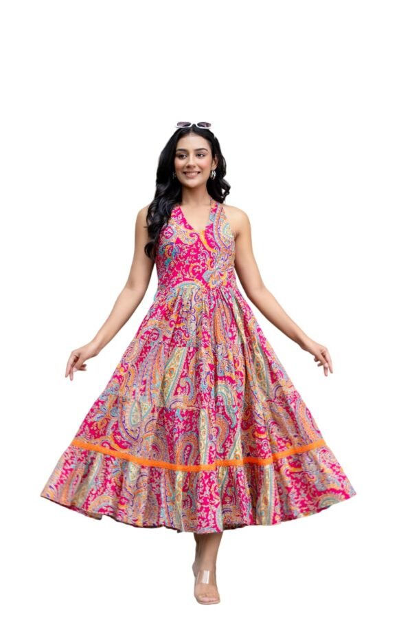 Shrivani Ethnic Motifs Printed Maxi Fit & Flare Tiered Pure Cotton Ethnic Dress | One Piece Dress | Beach Dress for Women, (Multicolor)