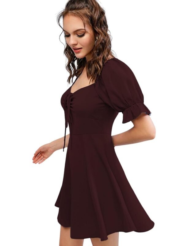 rosery paris Sweetheart Neck Half Puff Sleeve Drawstring Front Skater Dress with Ruffle A-Line Flounce Ruched Design
