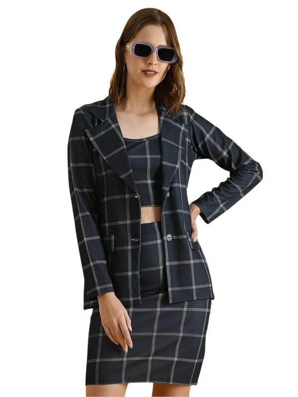 Selvia Women's Long Sleeves Lycra Spread Collar Causal Blazer with Skirt Co-ords Set