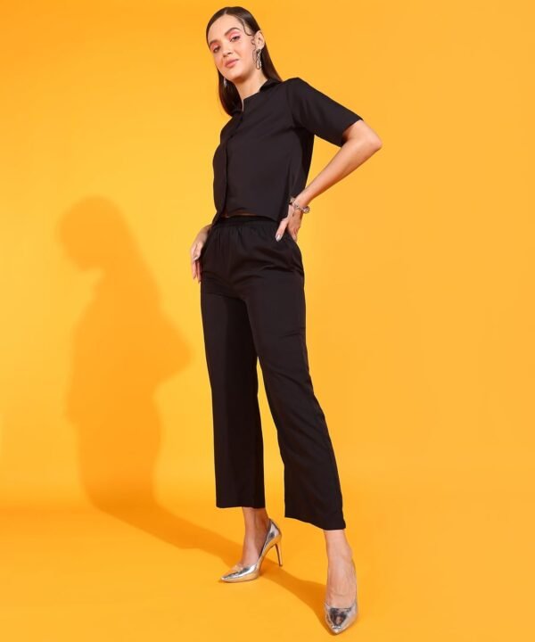 Fashfun Women's Co-ord Set (Solid Crepe Crop Shirt & Elasticated Waist Pant Two-Piece Set)