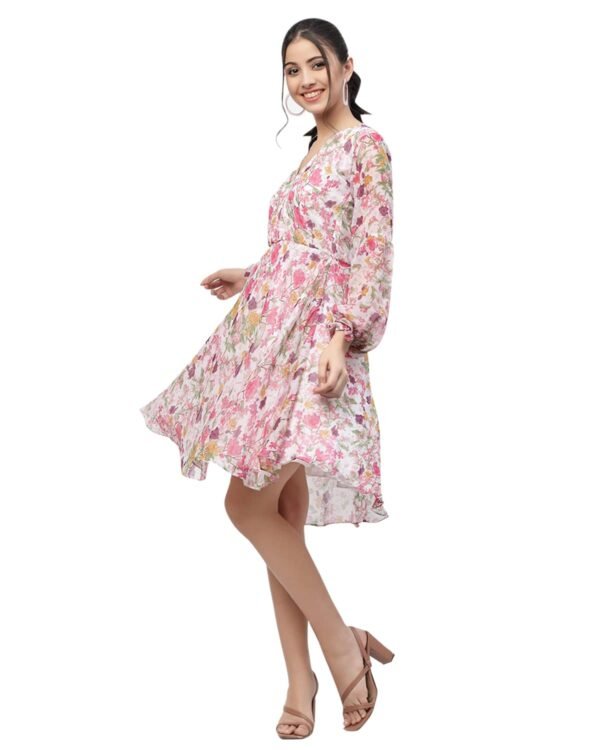 I ENTERPRISE Women's Georgette Pink V Neck Full Sleeve A-line Dress Dress for Women|One Piece Dress for Women|Dress for Women Stylish|Western Dress|Dress for Women|Printed Dress