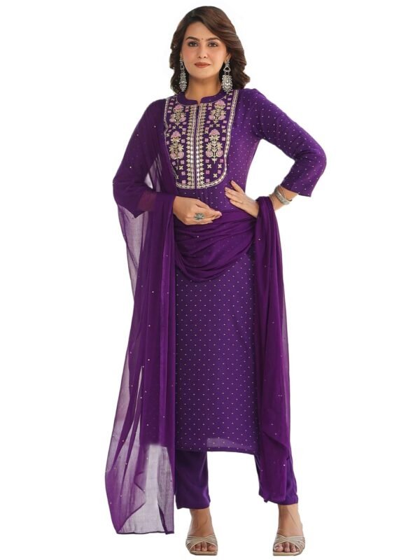 GoSriKi Women's Cotton Blend Straight Embroidered Kurta with Pant & Dupatta