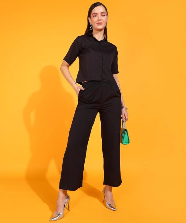 Fashfun Women's Co-ord Set (Solid Crepe Crop Shirt & Elasticated Waist Pant Two-Piece Set)