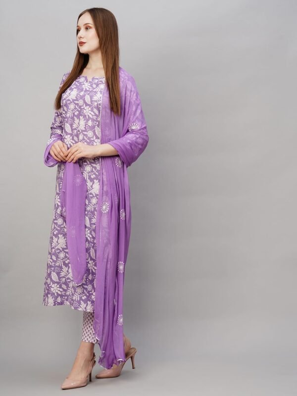 GoSriKi Women's Cotton Blend Printed Straight Kurta with Pant & Dupatta