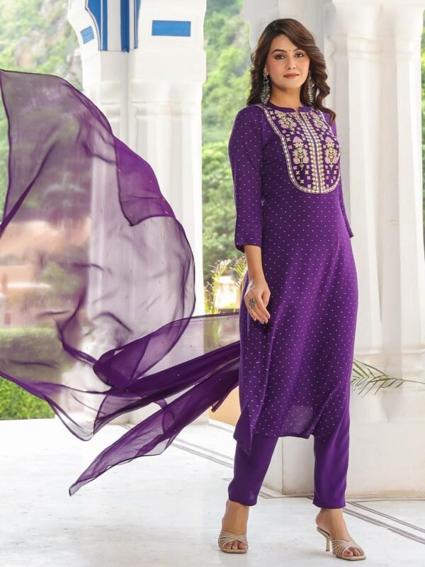 GoSriKi Women's Cotton Blend Straight Embroidered Kurta with Pant & Dupatta