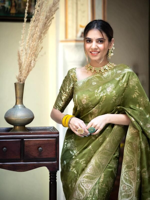 C J Enterprise Women's Pure Kanjivaram Silk Saree Banarasi Style Kanchipuram Sarees With Blouse Piece for Wedding (Almari) (Mehendi Green)