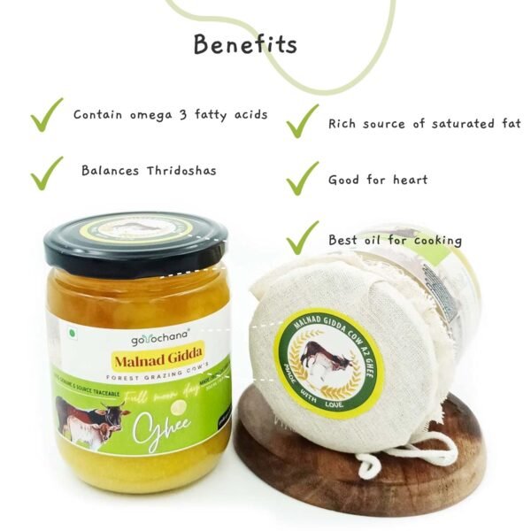 Gorochana A2 Bilona Cow Ghee 500ml Full Moon Day Two Way Hand Churned, Malnad Gidda cow Ghee, Pure Natural & Healthy Grassfed Organic Cultured Desi Ghee, Forest Grazing, Lab Certified Rich In Nutrients & Immunity for Cooking - 500ml