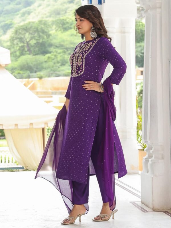 GoSriKi Women's Cotton Blend Straight Embroidered Kurta with Pant & Dupatta
