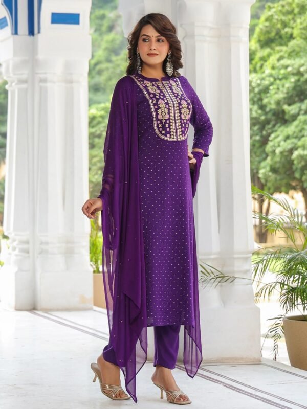 GoSriKi Women's Cotton Blend Straight Embroidered Kurta with Pant & Dupatta