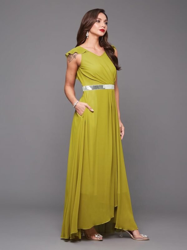 Miss Chase Women's Powder Blue V-Neck Ruffled Sleeve Solid Embellished Maxi Dress