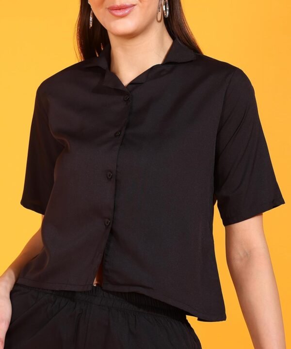 Fashfun Women's Co-ord Set (Solid Crepe Crop Shirt & Elasticated Waist Pant Two-Piece Set)