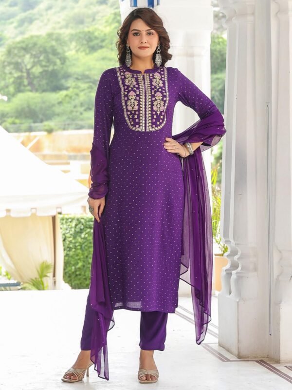 GoSriKi Women's Cotton Blend Straight Embroidered Kurta with Pant & Dupatta
