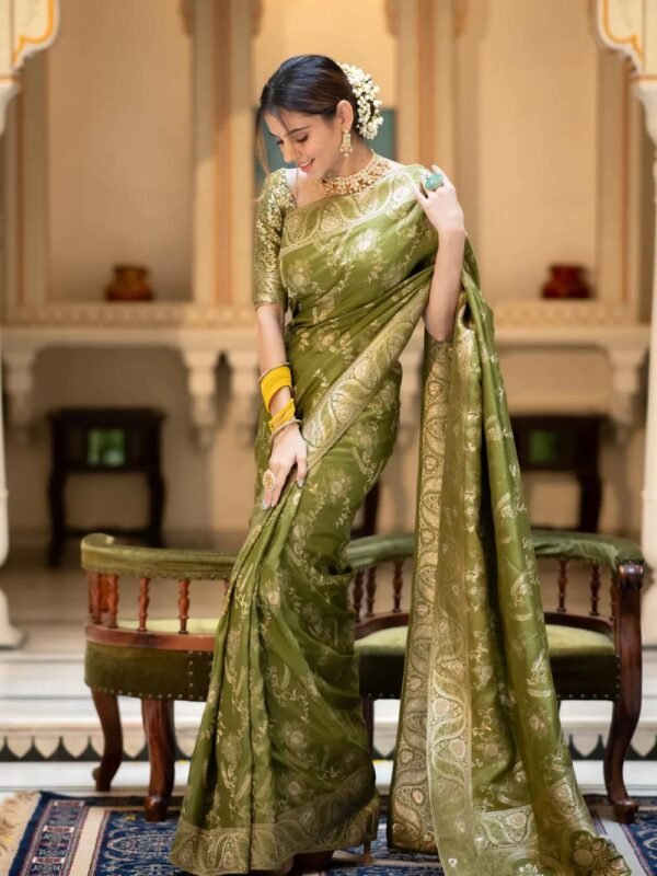 C J Enterprise Women's Pure Kanjivaram Silk Saree Banarasi Style Kanchipuram Sarees With Blouse Piece for Wedding (Almari) (Mehendi Green)