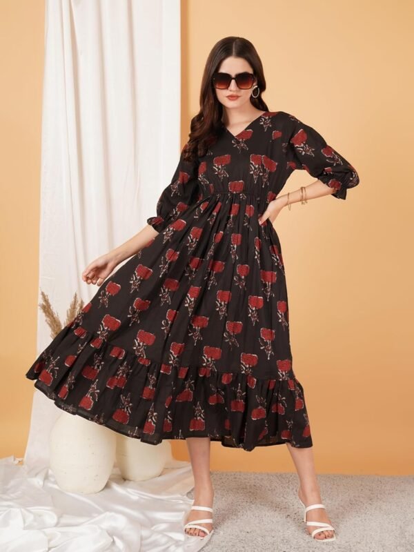 COTLAND Fashions Jaipuri Cotton Printed A-Line Flared Dress for Women