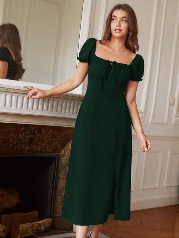 rosery paris Women's Knee Length A-line Ruched Neck Dress Birthday Dress Casual One Piece Flared Dress for Women (Charcoal Black)