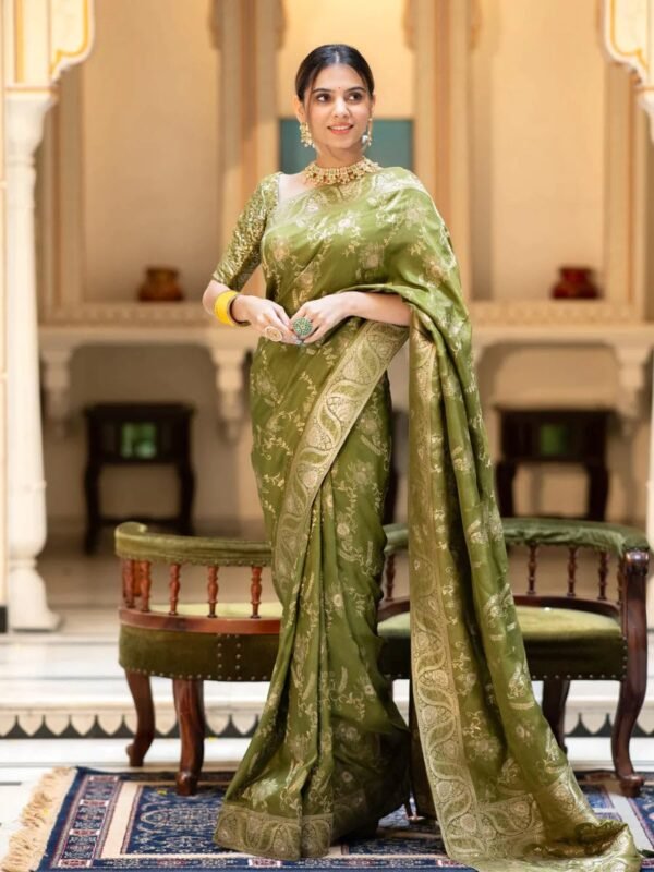C J Enterprise Women's Pure Kanjivaram Silk Saree Banarasi Style Kanchipuram Sarees With Blouse Piece for Wedding (Almari) (Mehendi Green)
